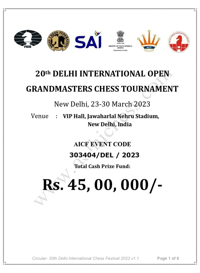 20th Delhi International Open Grandmasters Chess Tournament 2023. India Chess. AICF Chess. ACF Chess