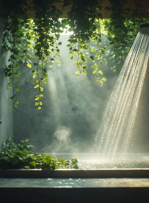 Cool-toned bathroom with green foliage, eucalyptus hanging from showerhead.