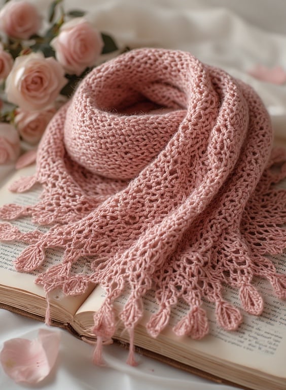 Lacy crochet scarf with delicate shell pattern in pastel blush yarn
