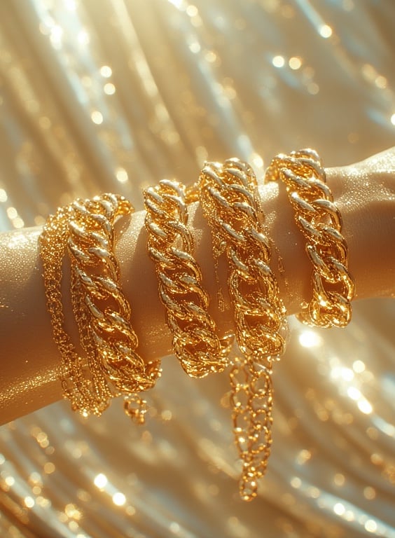 Close-up of stacked gold cuffs and a chunky chain bracelet on a model’s arm. 