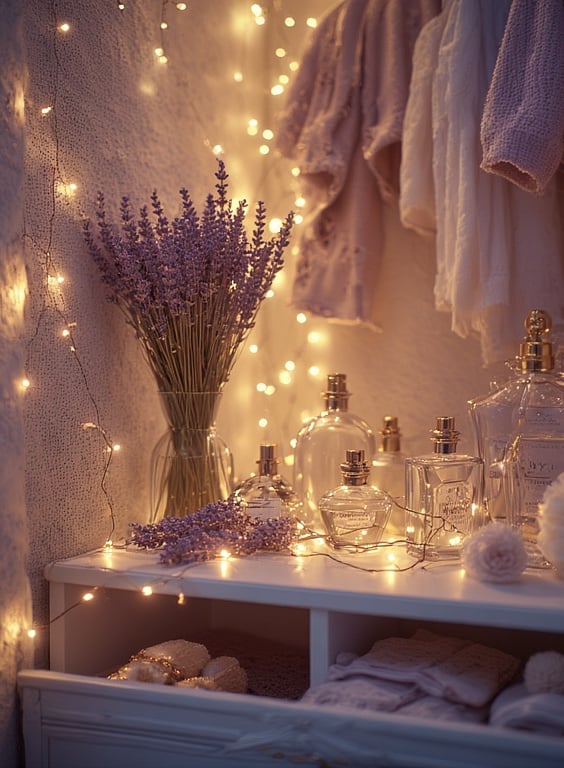 Close-up of a feminine wardrobe corner with dried lavender bundles, perfume bottles, and soft golden