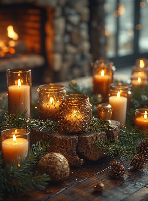 Warm candlelit Christmas décor in Ralph Lauren lodge style