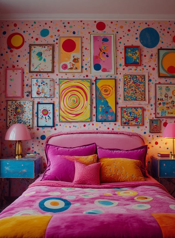 Funhaus Bedroom with vibrant gallery wall of abstract circus-inspired art, bold dots, spirals