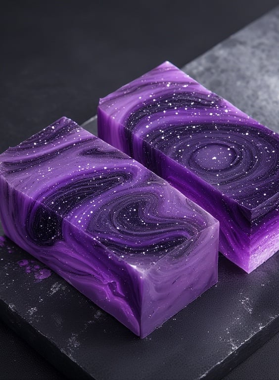 Deep neon purple and violet handmade soap bars with galaxy-style marble swirls.