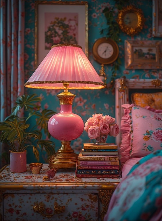 Rose pink bedside lamp with gold accents in a modern bedroom