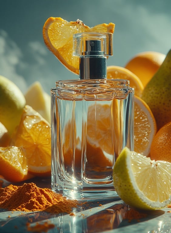 Citrus slices, pear wedges, and glossy fruit essences arranged around a translucent perfume bottle 