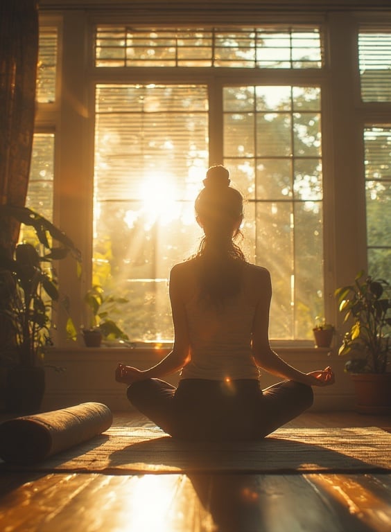 Woman stretching in front of a sunlit window, yoga mat rolled out