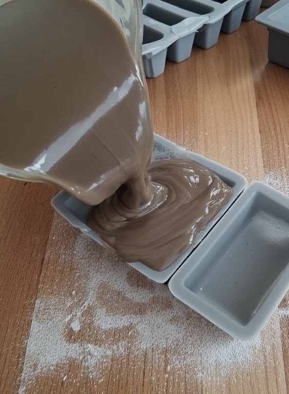 Soap mixture being poured into silicone molds on a wooden table.