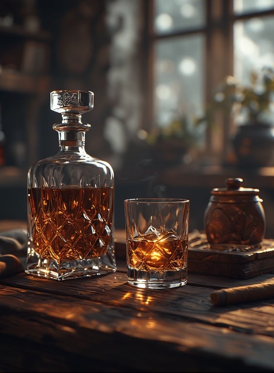 Moody lifestyle scene with whiskey glasses, decanter and a cigar on a wooden table.