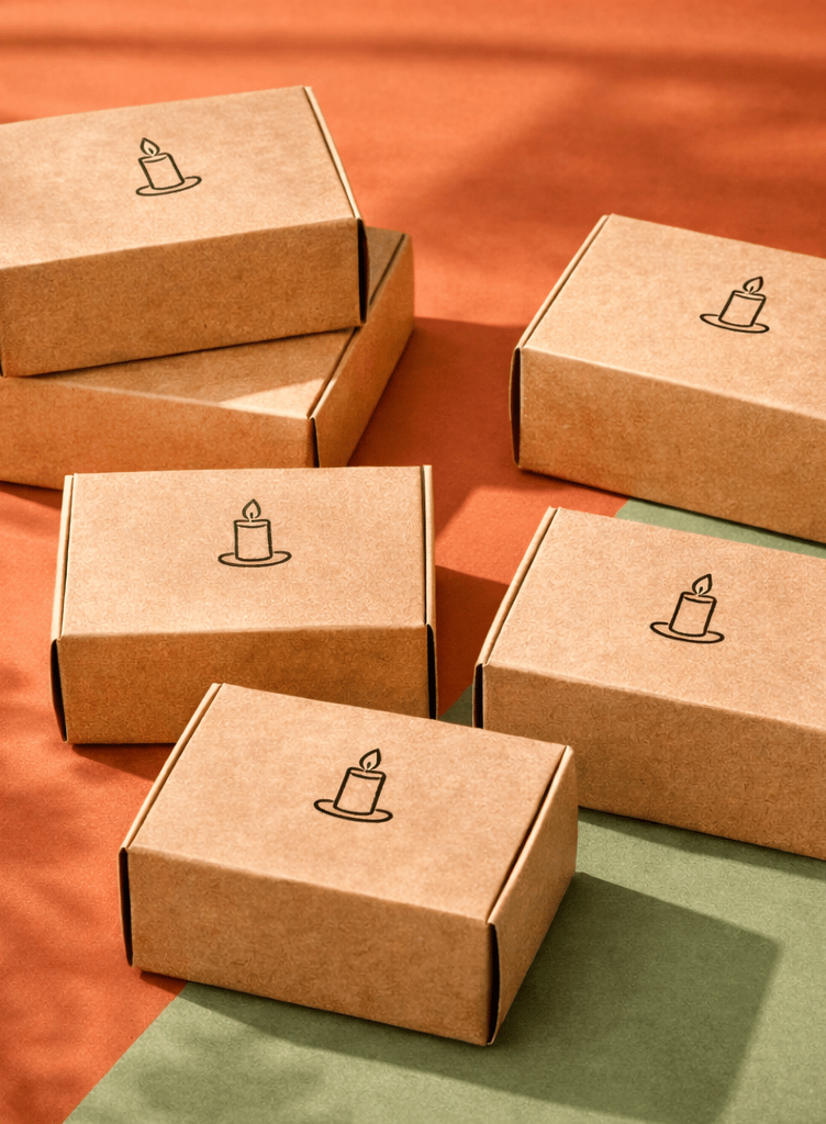 Minimal tuck-top soap boxes stacked neatly, logo label centered.