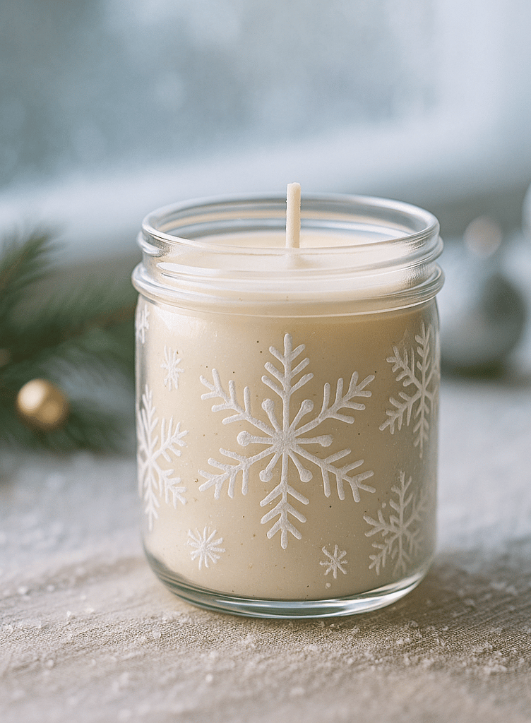 White candle in a transparent glass jar painted with delicate snowflakes