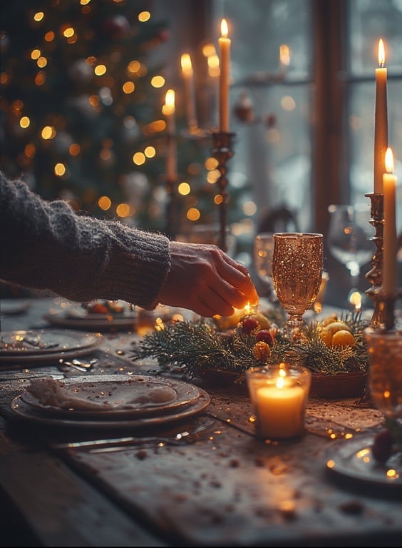 Host preparing holiday table with candles and welcome drinks