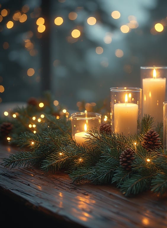 Pillar candles glowing in greenery, with string lights tucked among pine. 