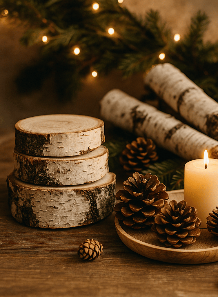 Rustic Christmas decor with birch logs, wood slices, pinecones, and a glowing candle 