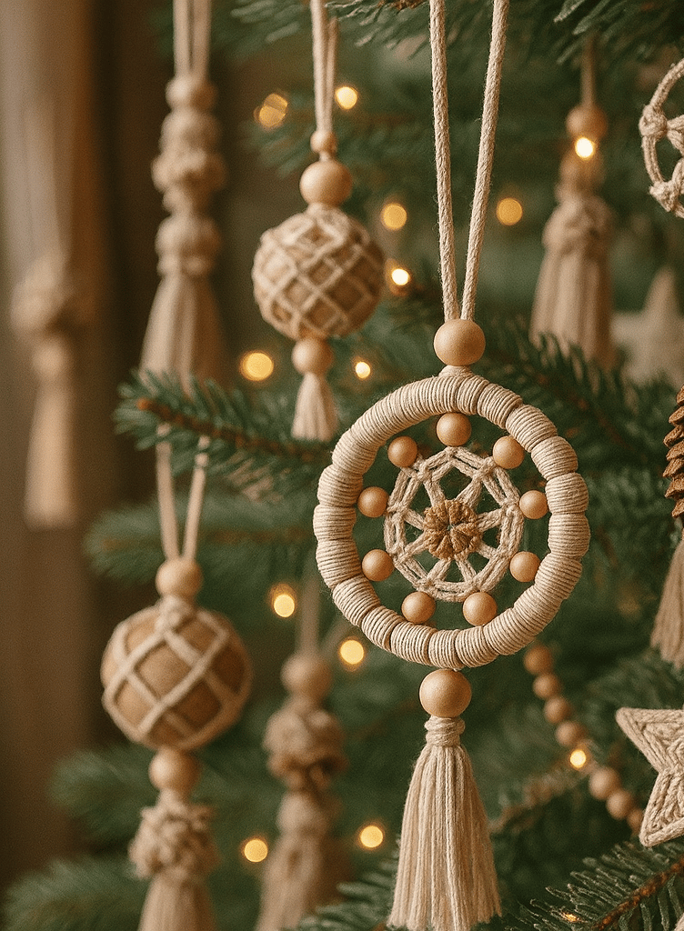 Boho Christmas ornaments with macramé, wooden beads, and pampas accents in golden cozy light.