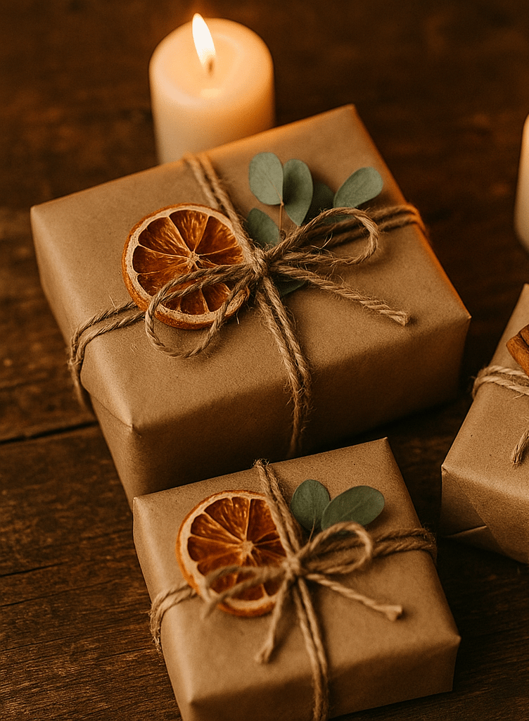 Rustic farmhouse Christmas wrapping with brown paper and dried citrus.
