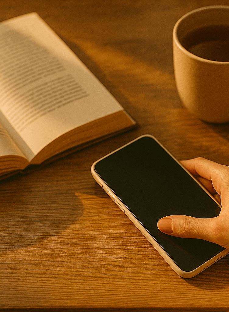 Minimal flat-lay with book, tea, and phone turned face-down symbolizing digital detox.
