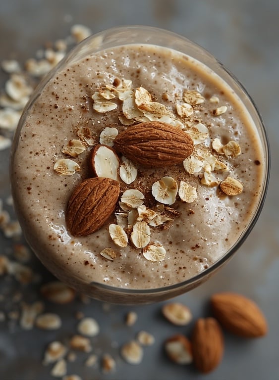 Protein smoothie with oats and almond butter on top