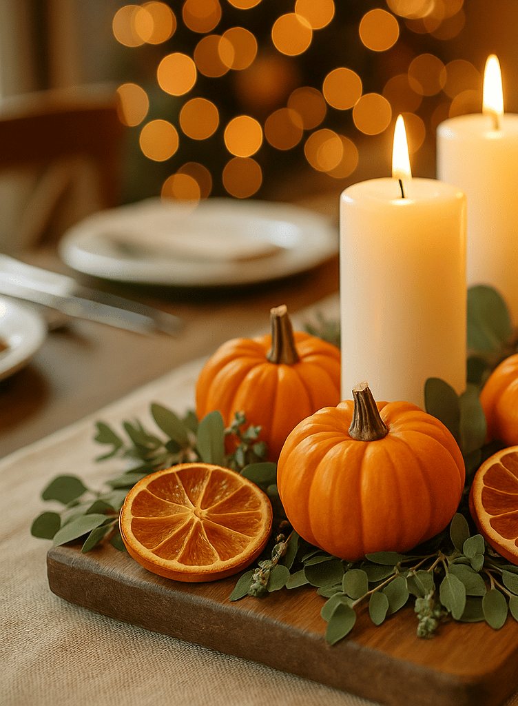 Thanksgiving table with dried oranges, pumpkins, and white candles centerpiece.