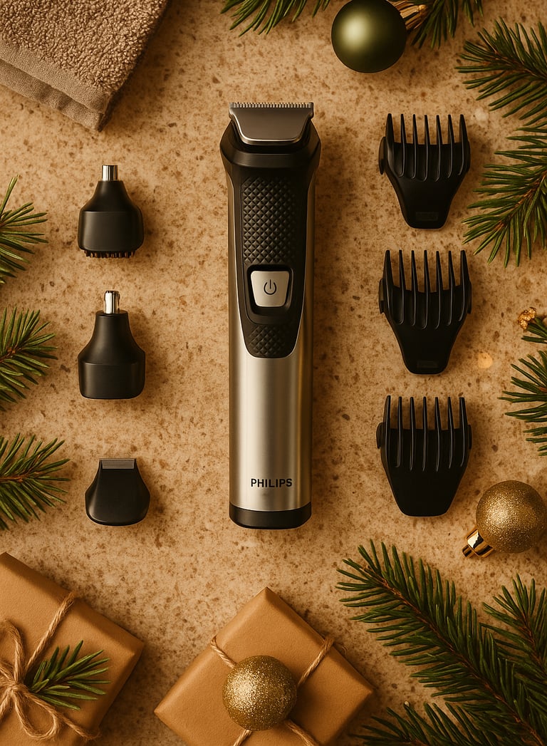 Philips Norelco Multigroom 9000 trimmer set with attachments on countertop and Christmas greenery.