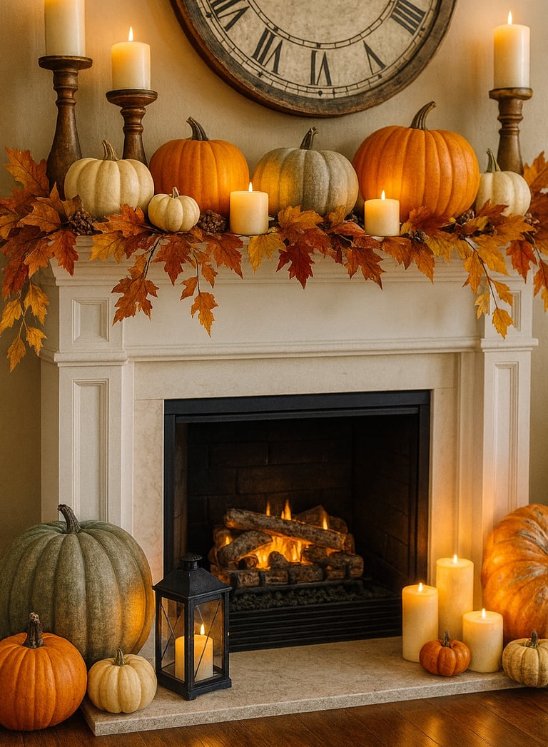 fireplace mantel decorated for fall with layered pumpkins in white, orange, and green tones