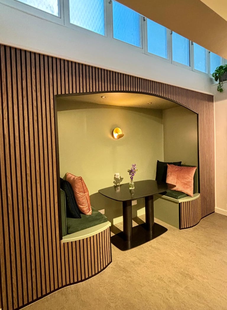 pod seating, wall light, acoustic panels