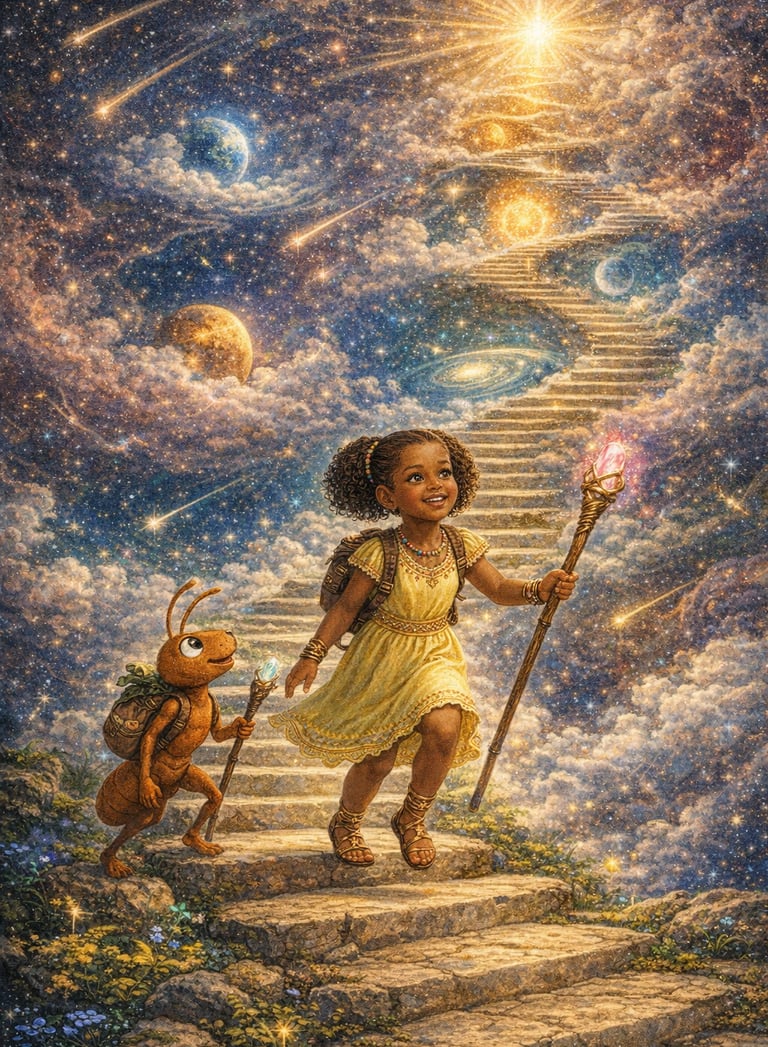 Shaman and Daisy journey over the steps up and down from heaven, guiding their lamp for their tribe.