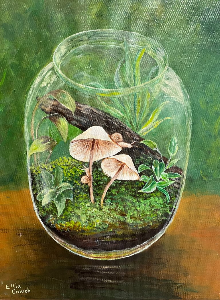Acrylic painting of Terrarium with mushrooms and plants