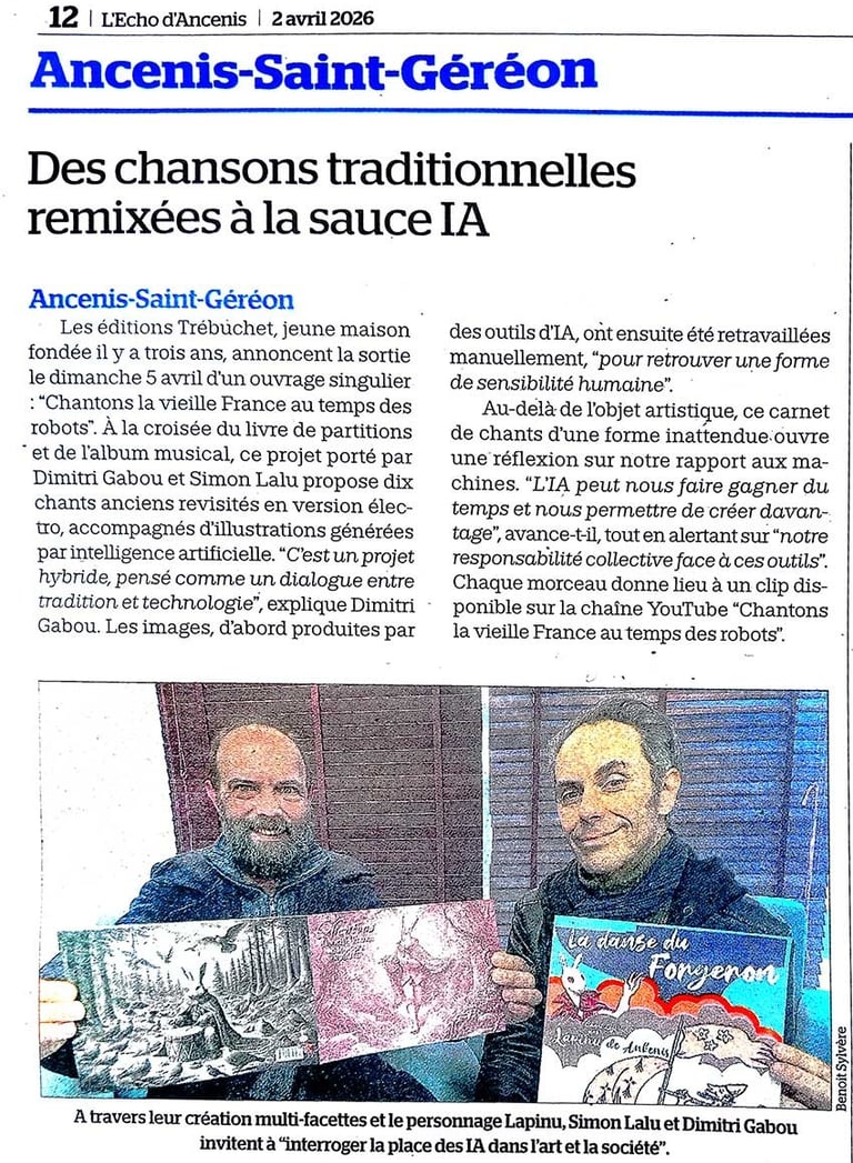 Article de l'écho d'Ancenis, Dim et Simon présente le carnet de chants de Lapinu