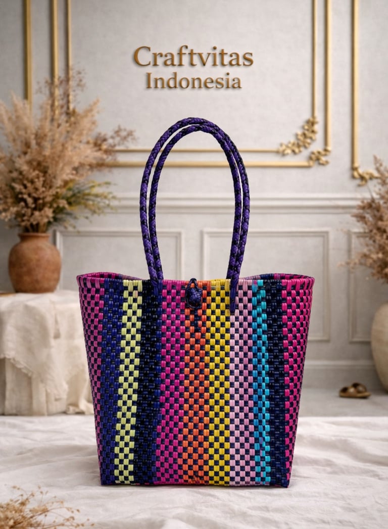 Tas anyaman plastik handmade multicolor dengan motif garis vertikal unik dari Craftvitas Indonesia