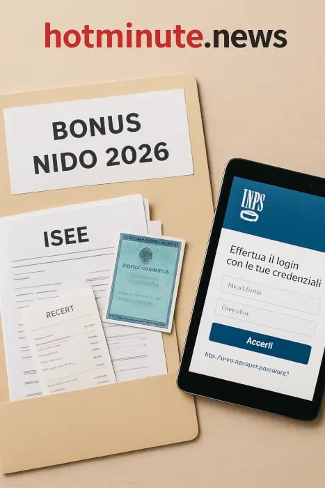 Bonus asilo 2026: cartella “BONUS NIDO 2026” con documento INPS, carta d’identità e smartphone apert