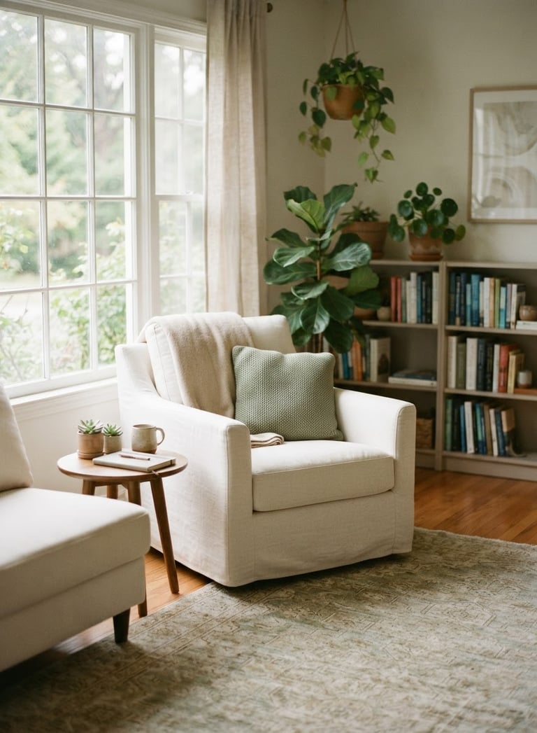 A warm, sunlit therapy office with soft-focus green plants, a comfortable cream armchair, and diffused light coming through a large window, conveying safety and calm.