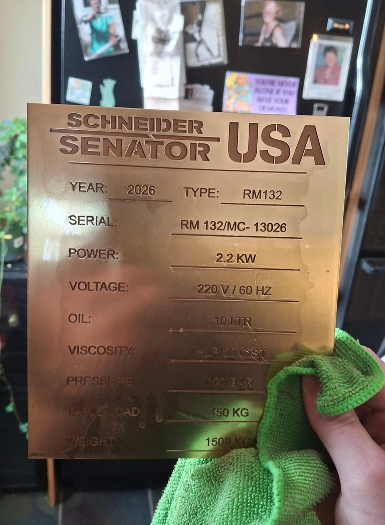 Brass data plate for machinery, 7" in size, deep engraved for longevity