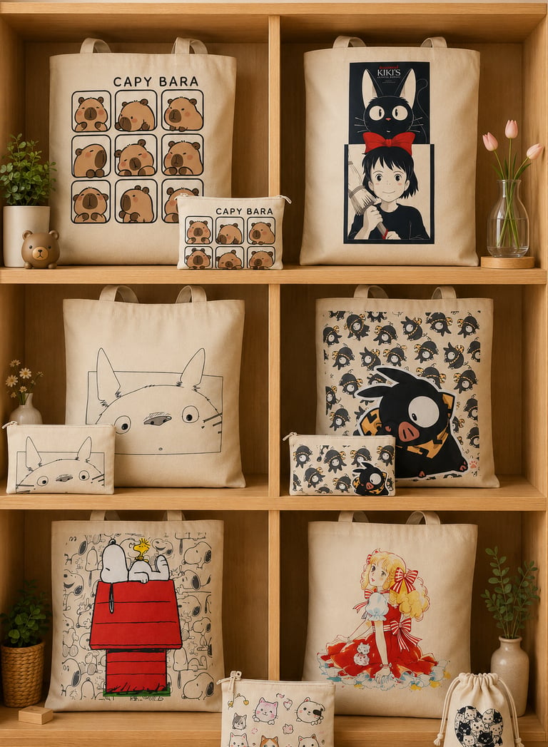 exhibición de bolsos tote bags y estuches de lona con motivos anime, Candy, Snoopy, Totoro, PChan