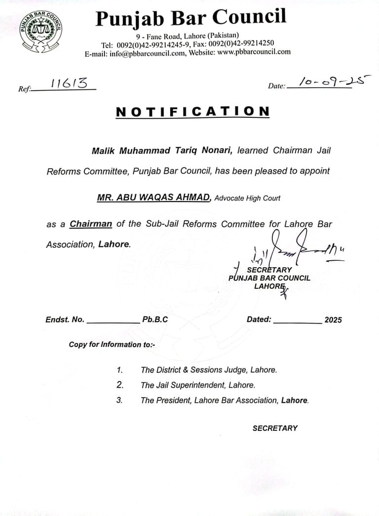 Punjab Bar Council Appoints Mr. Abu Waqas Ahmad Bodla as Chairman of Sub-Jail Reforms Committee
