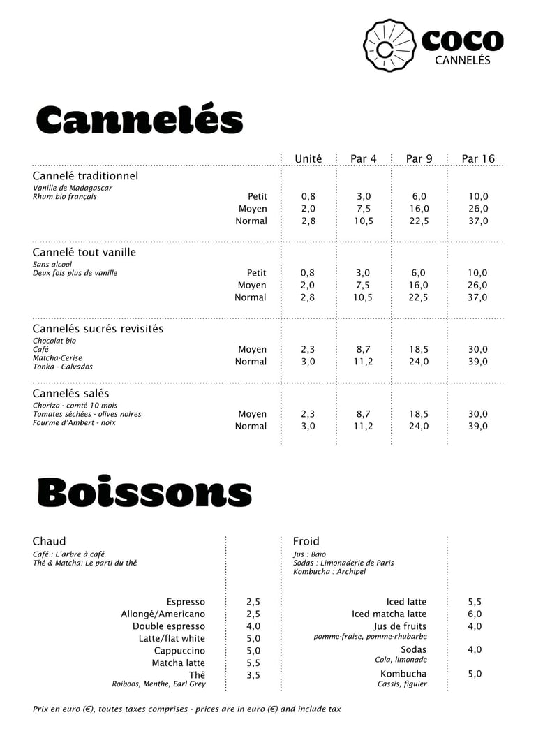 Un menu de cannelés et cafés