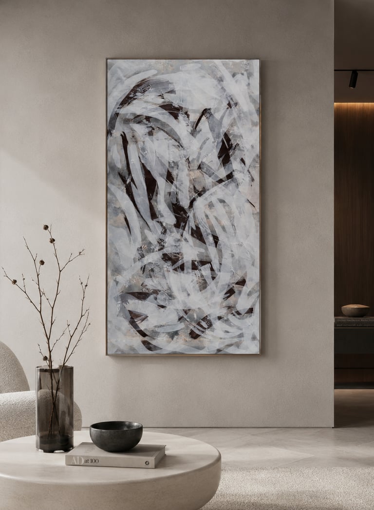 Large abstract wall art with white and brown brushstrokes in a minimalist modern living room interior.