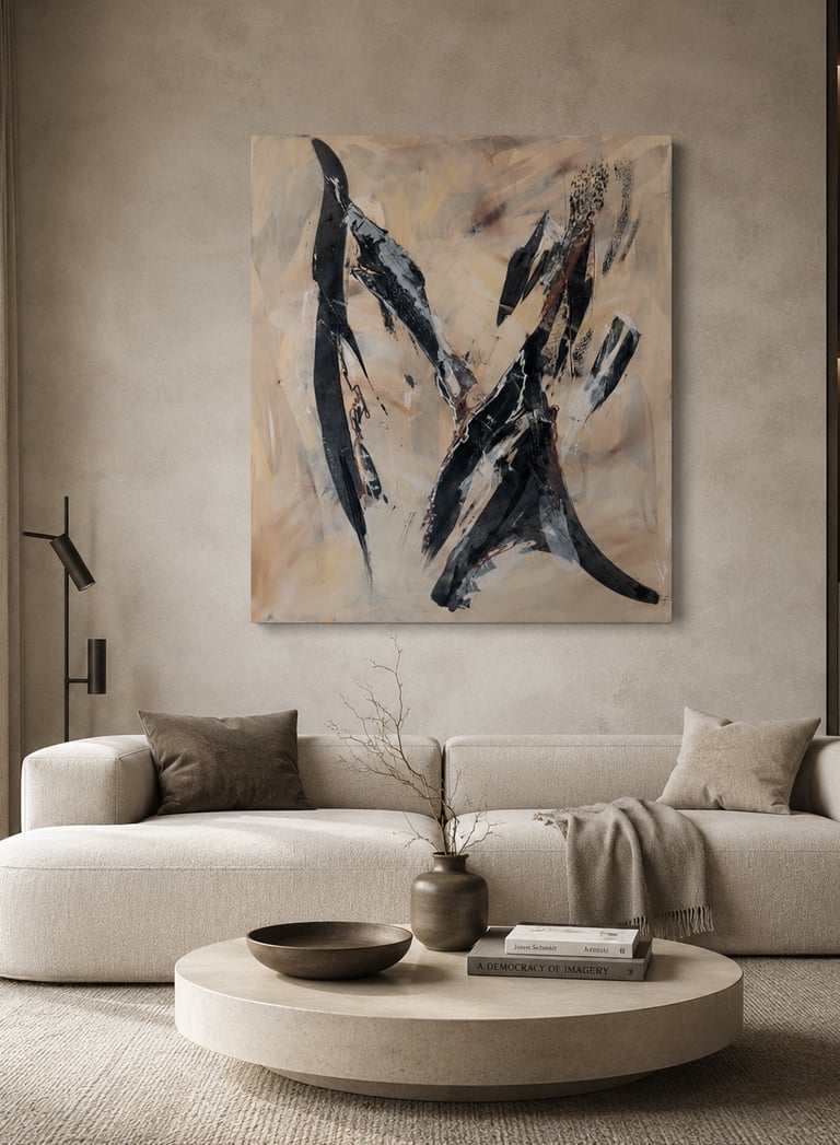 Modern living room featuring a cream curved sofa and large abstract canvas wall art in neutral tones.