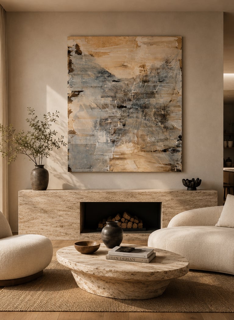 Modern minimalist living room featuring a travertine fireplace, boucle chairs, and large abstract wall art.