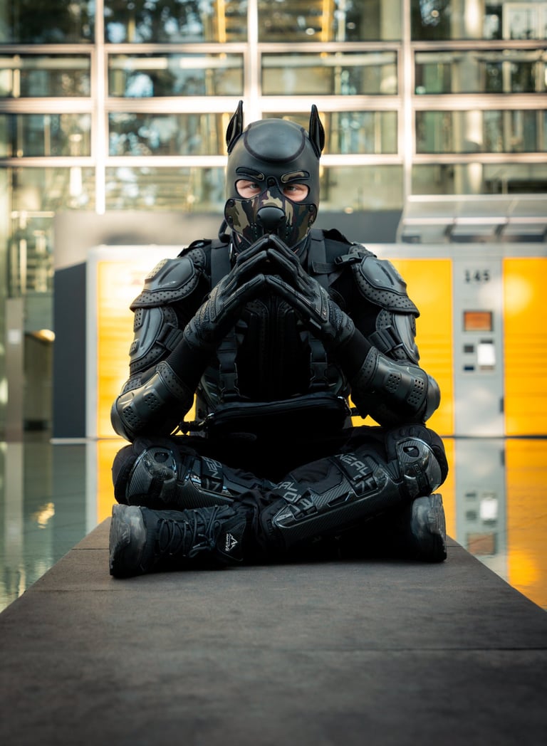 Man sits in contemplation wearing his pup mask.