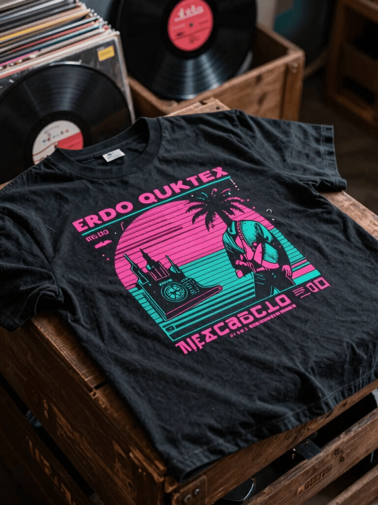 A professional studio product photograph of a vintage-style graphic t-shirt inspired by 80s synth-wave and rock music, laid flat on a dark wooden record crate. Accented by vinyl records peeking out from the background. Vivid hot pink and vibrant teal graphic details on the black fabric. Soft moody lighting, realistic texture, Latin America / Mexico urban vintage aesthetic.