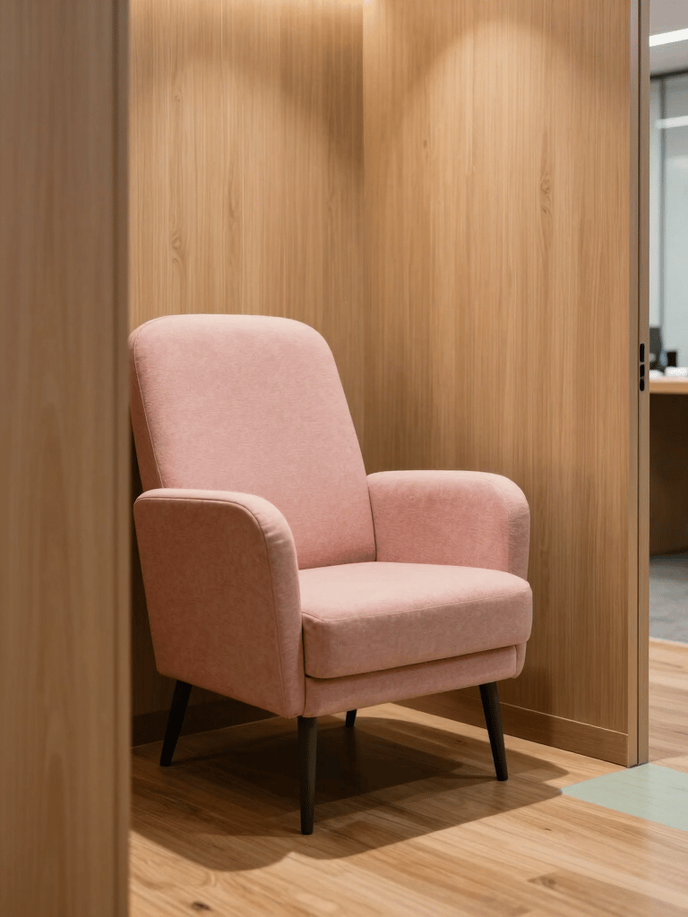 A quiet, private corporate lactation booth with ergonomic seating upholstered in pastel soft pink fabric, standing on warm light wooden flooring with subtle pastel green accents, located in an office building in Hispanic / Corporate Latin America & Spain. High-end architectural photography, warm ambient light, serene and comfortable corporate atmosphere.