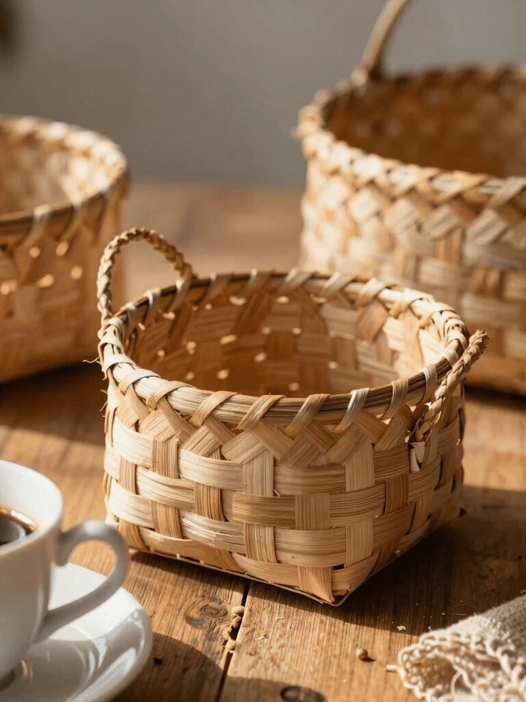 An elegant close-up of handmade Brazilian 'cestaria mineira' baskets woven from natural fibers, displayed on a rustic wooden table next to a warm cup of coffee, soft morning sunlight, cosy Pinterest style photography.