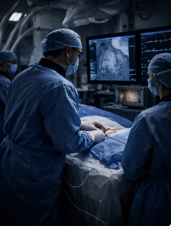Doctor in the heart catheterization lab performing a procedure through a leg artery.