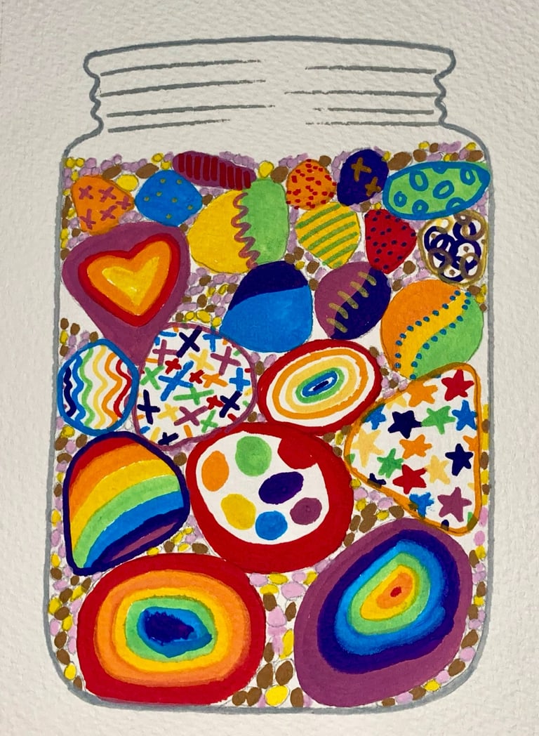 Painting of a jar of stones, sand and pebbles, painted with colourful patterns. by Emily Fewtrell