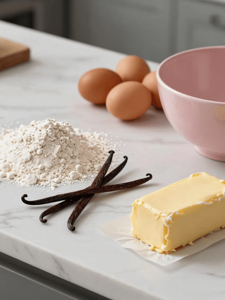 An elegant photography flat lay of premium baking ingredients in a modern Western European kitchen, including organic flour dusted on a white marble counter, organic brown eggs, real vanilla bean pods, and rich yellow butter next to a dusty rose pink mixing bowl, romantic soft lighting, professional artisanal styling.