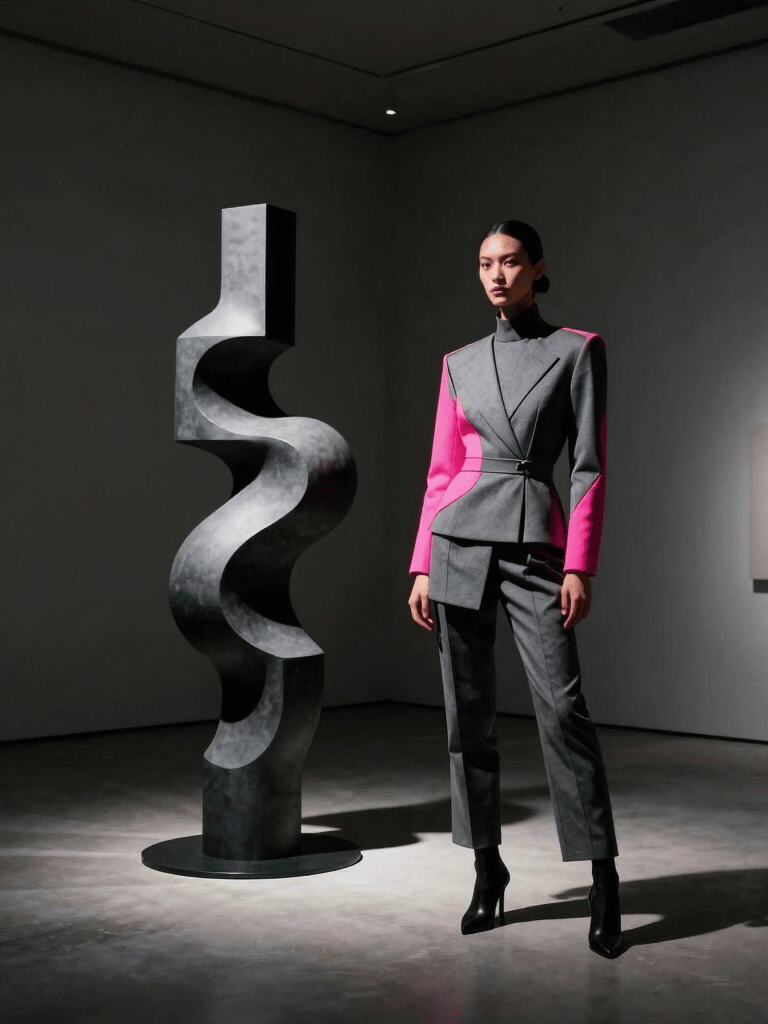 An avant-garde fashion exhibition inside a minimalist art gallery in a Global Art & Fashion Hub / Metropolitan. A sleek model wearing structured gray attire with neon pink accents stands beside a modern abstract sculpture. Dramatic, high-contrast spotlighting, dark cinematic atmosphere.