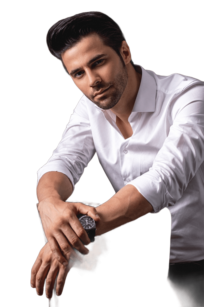 a handsome gay daddy in a white shirt and a watch