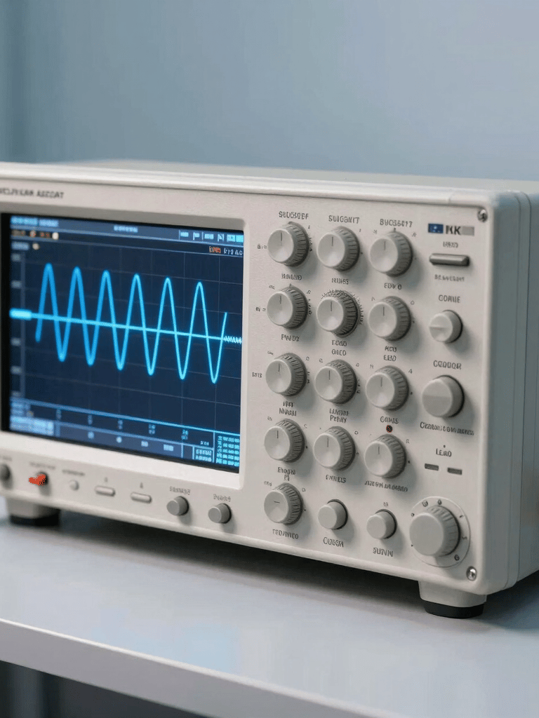 A professional close-up photograph of high-end electronic test equipment, including a modern digital oscilloscope displaying clear bright blue waveforms on its screen, resting on a clean light gray workspace with crisp technical borders. Soft, professional studio lighting in sky blue and off-white tones highlights the precision dials, suited for a North American / Global tech and industrial audience.