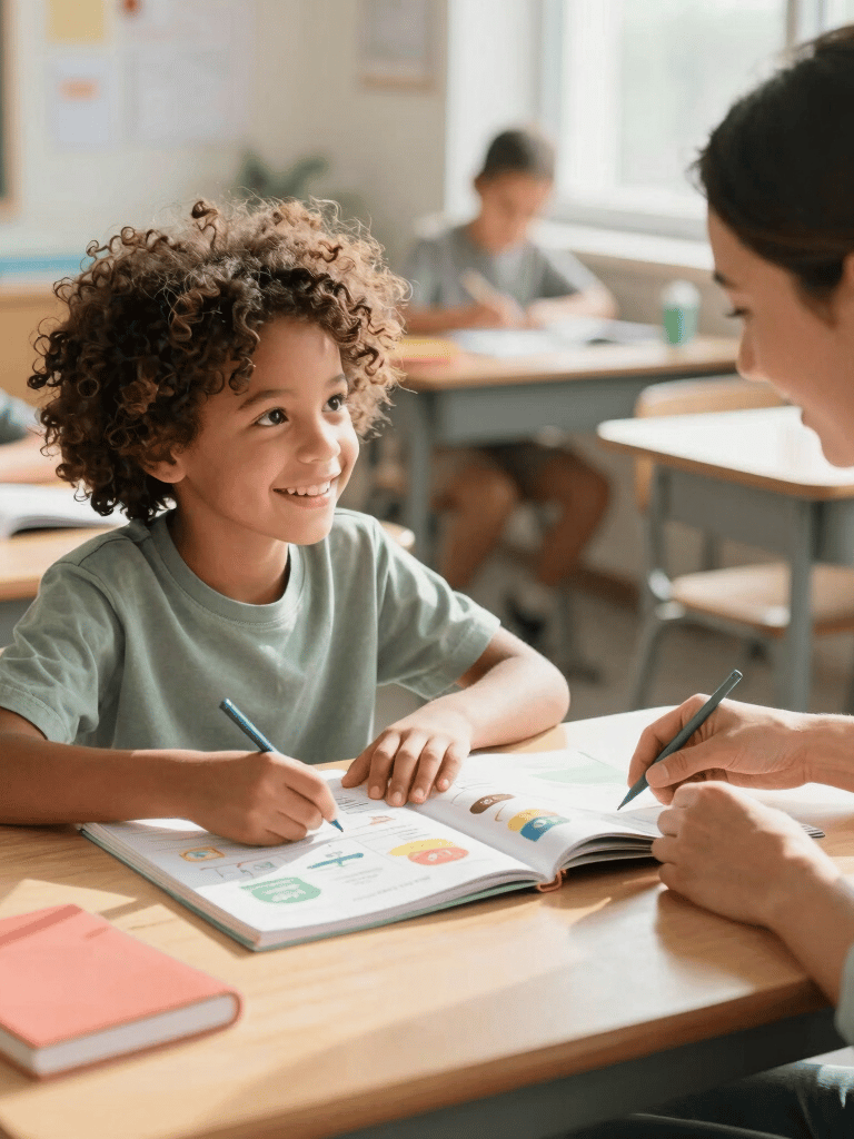 A bright, joyful eye-level photograph of a smiling child and educator reviewing colorful interactive activity workbooks in a bright classroom in North American / Global Multicultural setting. On the natural wood desk are soft sage green and coral study items under warm, natural morning light, creating an uplifting, premium educational feel.